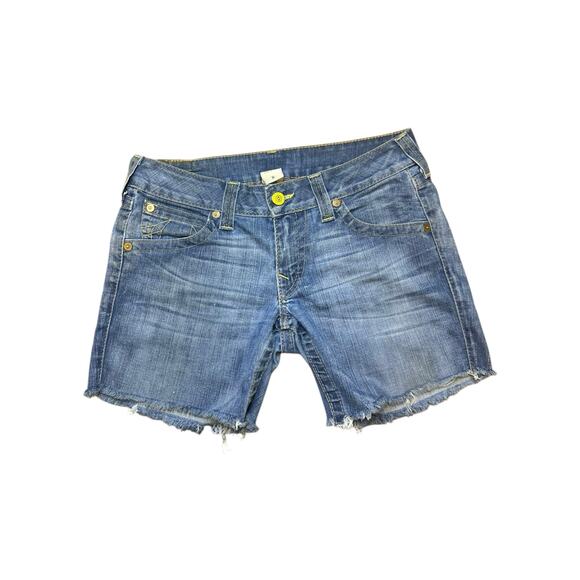 True Religion Women’s Vintage Y2K Low Rise Denim Shorts Raw Hem – Size 31” - Picture 1 of 6
